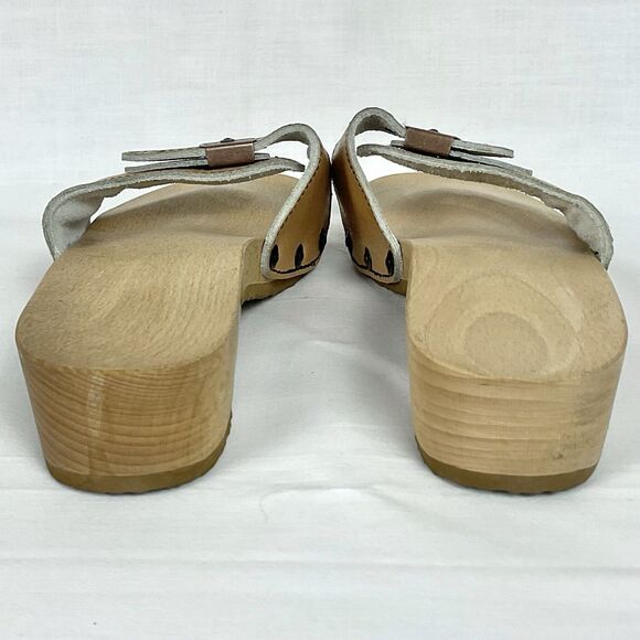 Dr Scholls Original Collection Clog Sandal Sz 6 Tan Leather Wooden Heel Shoe - Picture 9 of 10
